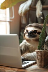 Fototapeta premium a sloth behind a laptop