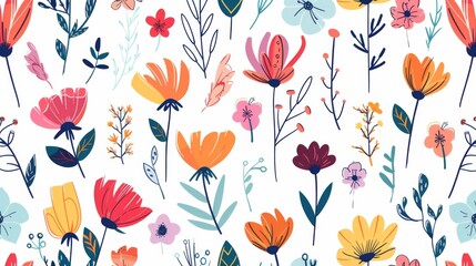Floral seamless pattern with colorful flowers and leaves on a white background