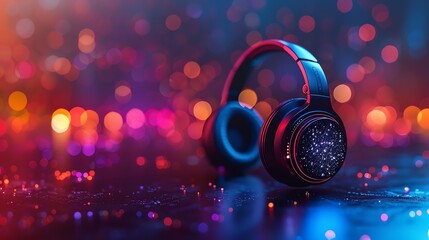 A glowing headphone with colorful lights in the background.