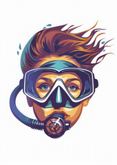 beautiful woman in a diving mask with a snorkel on a white background, illustration, drawing, logo, design, snorkeling, sea, ocean, summer, girl, portrait, face, hair, marine, water, swimming