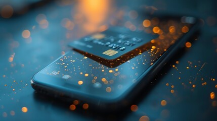A glowing credit card on a smart phone with a glowing background.