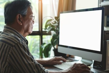 Application mockup asian man in his 60s in front of a computer with a fully white screen