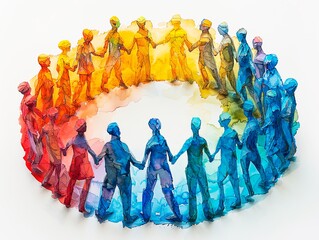 A diverse group of people holding hands, forming a colourful circle that represents unity and acceptance. Their intertwined hands signify strength in diversity and collective harmony. - obrazy, fototapety, plakaty