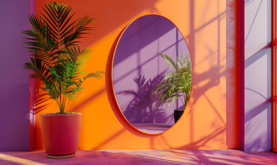 Obraz premium contemporary orange oval mirror with plant in modern interior setting