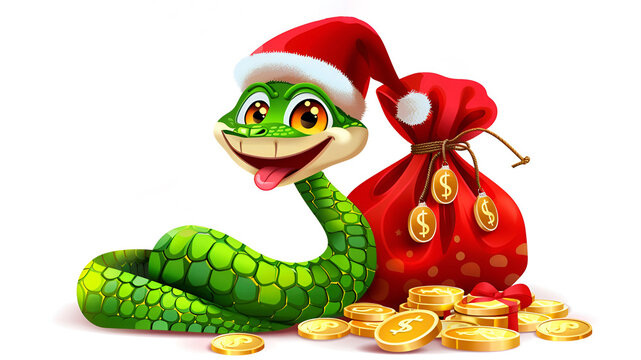 Happy green snake wearing Santa hat and bag of coins, New Year 2025 concept. Wealth and financial well-being in the year of the snake