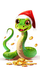 Obraz premium Smiling green snake wearing a Santa hat surrounded by coins on a white background with copy space. Symbol of the 2025 new year in the Chinese calendar. New Year of the Snake