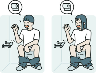 person sitting on a toilet bowl surprised by the lack of toilet paper