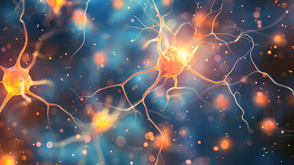 Impulses Neuron cells, nervous system, neural network under a microscope, brain signal transmission, mental impulse. - obrazy, fototapety, plakaty