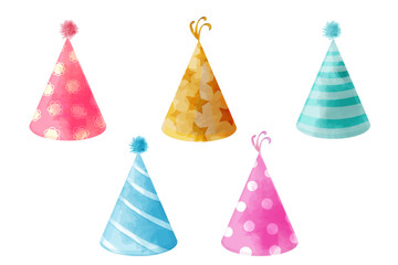 Set of party hats. Vector funny colorful birthday decorations, set of hats in watercolor style for design and invitations, isolated on white - obrazy, fototapety, plakaty