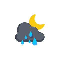 Crescent moon vector icon with black clouds and water droplets. Vector sign illustration for rainy weather at night. On a blank background and can be edited again.