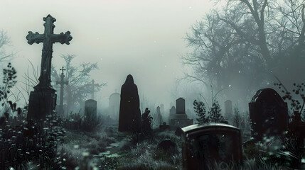 Haunting Presence in the Fog-Shrouded Graveyard:A Sinister Figure Prowls Amidst Memories of Forgotten Tragedies and Macabre Rituals