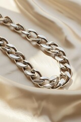 Obraz premium Elegant 925 sterling silver cuban chain link on a background surface showcasing a luxurious design and reflective quality. Product design inspiration for jewelry