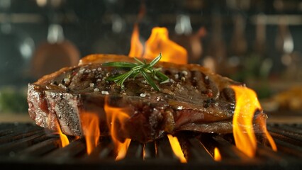 One Beef Sirloin Steak Placed on Grill Grid with Fire.