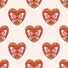 Retro seamless pattern of groovy heart with butterfly. Colorful vector illustration. Hippie 60s, 70s textile design