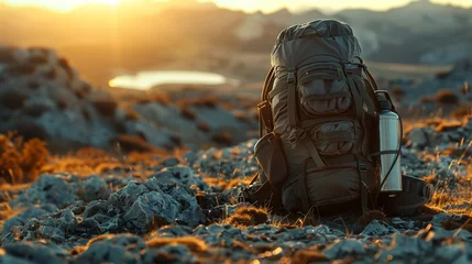 Foto op Canvas Twilight descends on a traveler's gear laid out on rugged terrain implying a journey of endurance and wonder © maniacvector