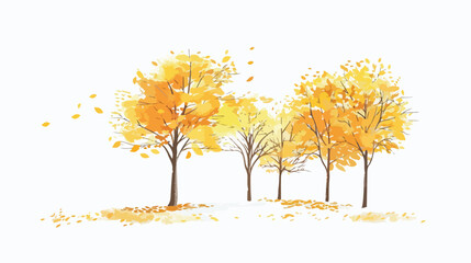 Frost-covered trees with yellow leaves in autumn forest