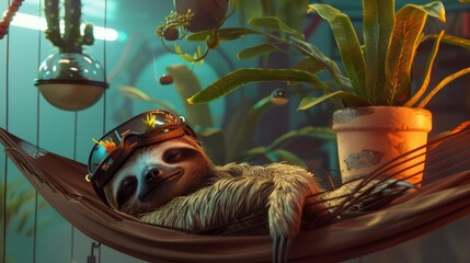 Naklejka premium A shy sloth, sporting a flowerpot helmet that sprouted a tiny cactus, chilled out on a holographic hammock, its slowmoving nature perfectly suited for virtual reality adventures