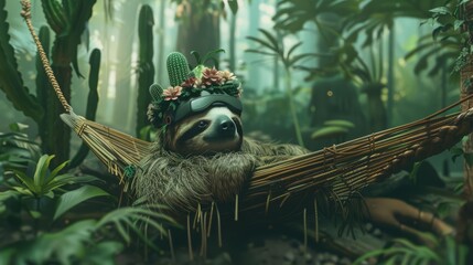 Naklejka premium A shy sloth, sporting a flowerpot helmet that sprouted a tiny cactus, chilled out on a holographic hammock, its slowmoving nature perfectly suited for virtual reality adventures