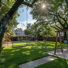 Obraz premium A backyard with a swing set for the kids to play on, a barbecue grill for family cookouts, and a spacious lawn for family games and activities