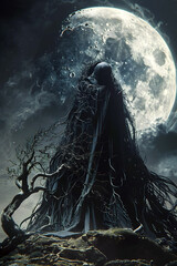 Malevolent Spirit Roams Beneath the Haunting Moonlit Sky,Casting Twisted Shadows and Luring the Unwary into its Dark Embrace
