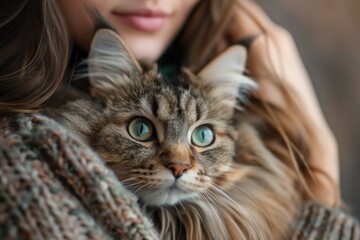 Pet Cat. Beautiful Siberian Cat Being Cuddled by Woman in Close-up Portrait