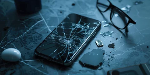 Fotobehang Broke Down. Broken Mobile Phone Screen Repair Concept. Accidental Damage and Insurance © AIGen