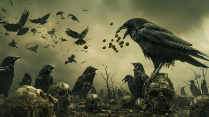 Naklejka premium A cunning group of crows have figured out how to drop nuts from high above, cracking open the skulls of unsuspecting zombies to access their unappetizing to crows brains
