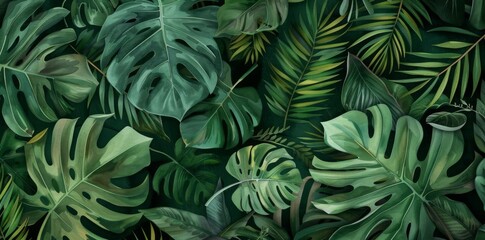 Tropical plants and succulents form a background of greenery in this wallpaper with palm leaves