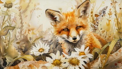 Fototapeta premium A curious red fox kit, its fur a fiery mix of orange and white watercolors, peeked out from behind a giant daisy, its bright eyes sparkling with mischief in the dappled sunlight