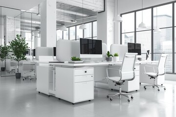 Office Desks. Modern Concept Design for Interior Workspace with White Corner and Computer Desks