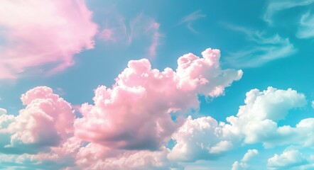 Bright Day. Blue Sky with Pink Fluffy Clouds in Nature Landscape