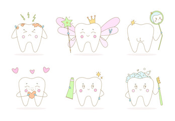 Set of cute teeth with different emotions. Cavities, clean teeth, tooth fairy and more