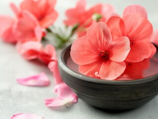 cosmetic creams with pink flowers, geranium flower, skin cream on a white background