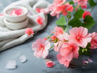 cosmetic creams with pink flowers, geranium flower, skin cream on a white background