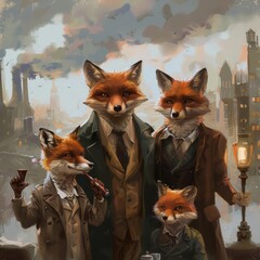 Fototapeta premium A family of foxes, disguised in human clothing, ran a successful detective agency, using their keen sense of smell to sniff out corporate secrets