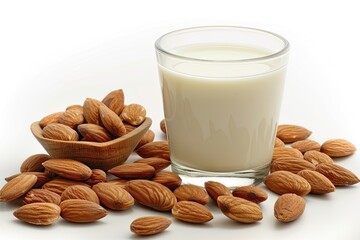 Almond milk in drinking glass on the table. Vegan plant-based product isolated on white background