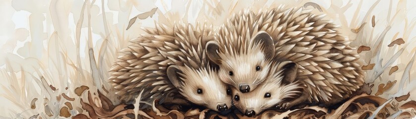 A family of hedgehogs, adorned with soft watercolor spines of brown and cream, huddled together for warmth, their tiny faces peeking out from their prickly embrace