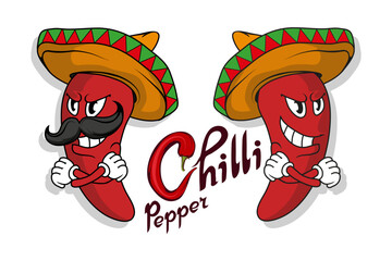 Set of different elements cartoon pepper for your use. Chili pepper. Hand Drawn Hot Pepper. Lettering of chili pepper. Vector artwork.