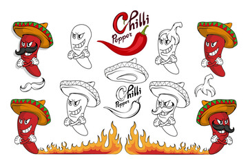 Set of different elements cartoon pepper for your use. Chili pepper. Hand Drawn Hot Pepper. Lettering of chili pepper. Vector artwork.