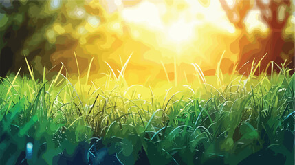 Green grass in summer forest at sunset. Macro image