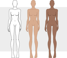 female body silhouette drawing fashion illustration, African and European Women. Cartoon, Outline style. Human front side Silhouette, Vector illustration.