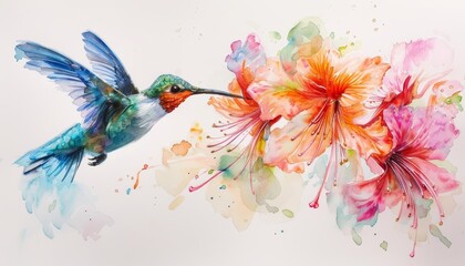 A mama hummingbird, a blur of emerald green and sapphire blue watercolors, hovered in midair, feeding her chicks nectar from a flower painted in vibrant shades of pink and orange - obrazy, fototapety, plakaty