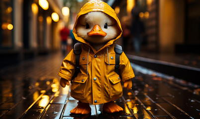 A whimsical and adorable scene of a plush duckling in a bright yellow raincoat braving the wet city streets after hours, surrounded by warm evening lights - obrazy, fototapety, plakaty