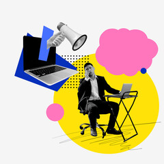Young man working on a laptop while talking on the phone with a megaphone sticking out the screen. Contemporary art collage. Direct and targeted communication. Concept of , public relations, marketing