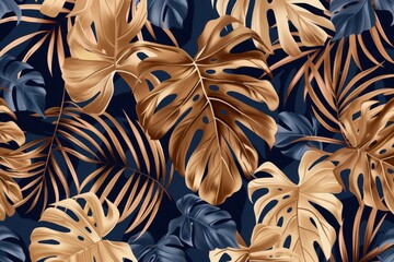 Tropical leaves and plants seamlessly patterned with dark navy blue