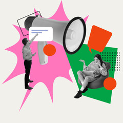 Young woman working on laptop, man looking on screen with megaphone on background. Contemporary art collage. Social media strategy. Concept of business, public relations, marketing and management