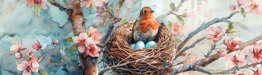 A pair of nesting robins, their feathers a blend of soft oranges and browns, built a cozy watercolor nest in a blossoming apple tree, their tiny blue eggs nestled amongst the fragrant pink flowers - obrazy, fototapety, plakaty