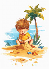 Obraz na płótnie Canvas boy on the beach playing in the sand, sandbox, child, kid, summer, sea, holidays, toddler, childhood, game, children, white background, illustration, casual clothing, drawing, baby
