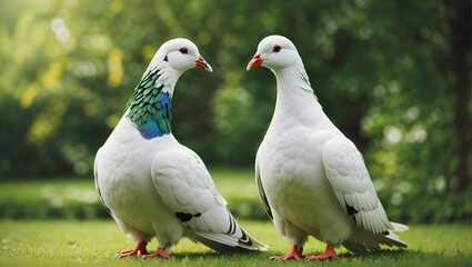 Two white pigeons are standing on green grass facing each other with blurred trees in the background.

