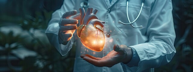 the doctor holds an artificial heart in his hands - obrazy, fototapety, plakaty